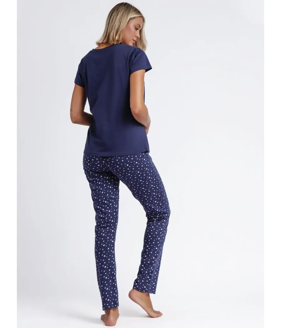Pijama verano mujer Admas manga corta Pantalón largo azul algodón