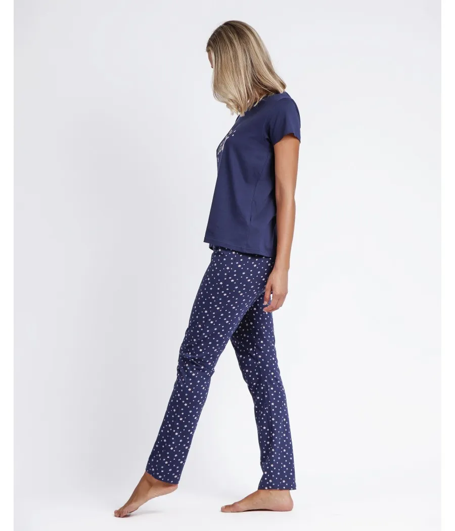 Pijama verano mujer Admas manga corta Pantalón largo azul algodón