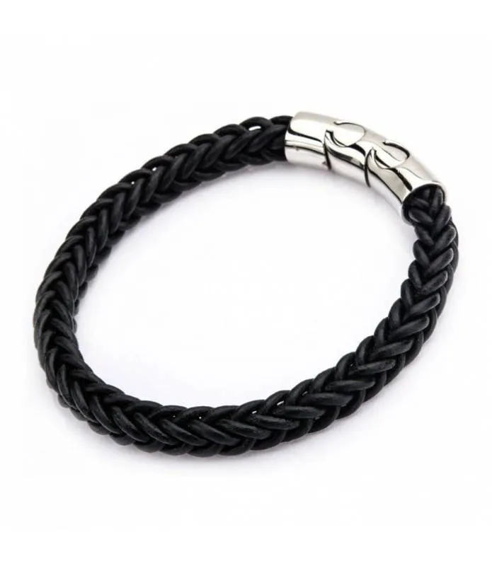 Pulsera cuero negro trenzado con cierre magnético BRL0237