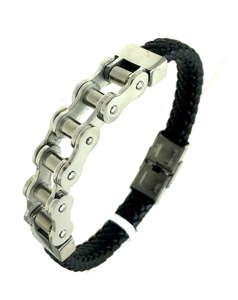 PULSERAS DE HOMBRE CUERO TRENZADAS CON CADENA MOTO DE ACERO