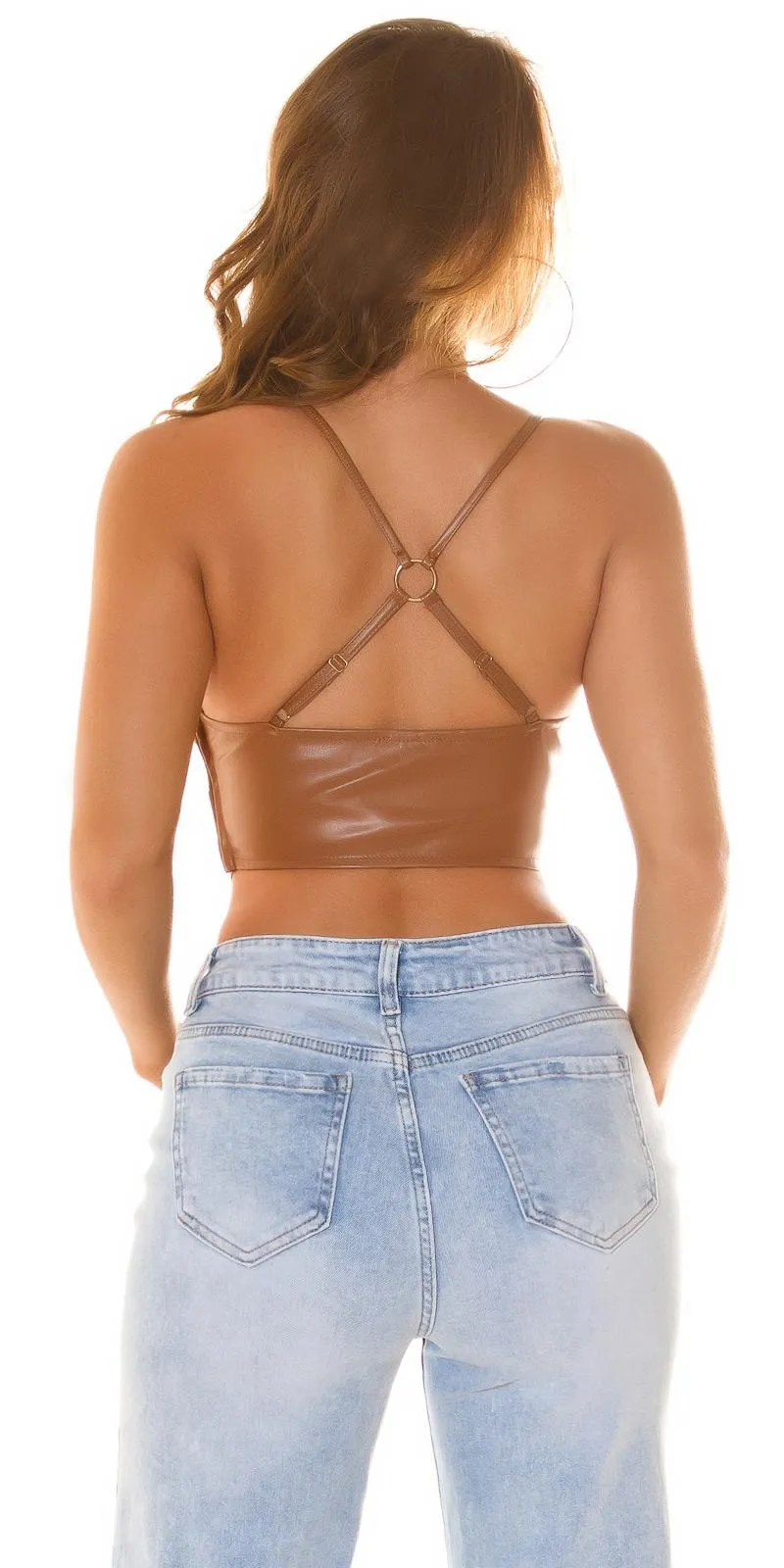 Top crop semi piel con cordones marrón