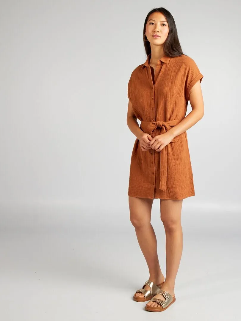 VESTIDO CORTO FORMA CAMISA DE DOBLE GASA DE ALGODóN  MARRON