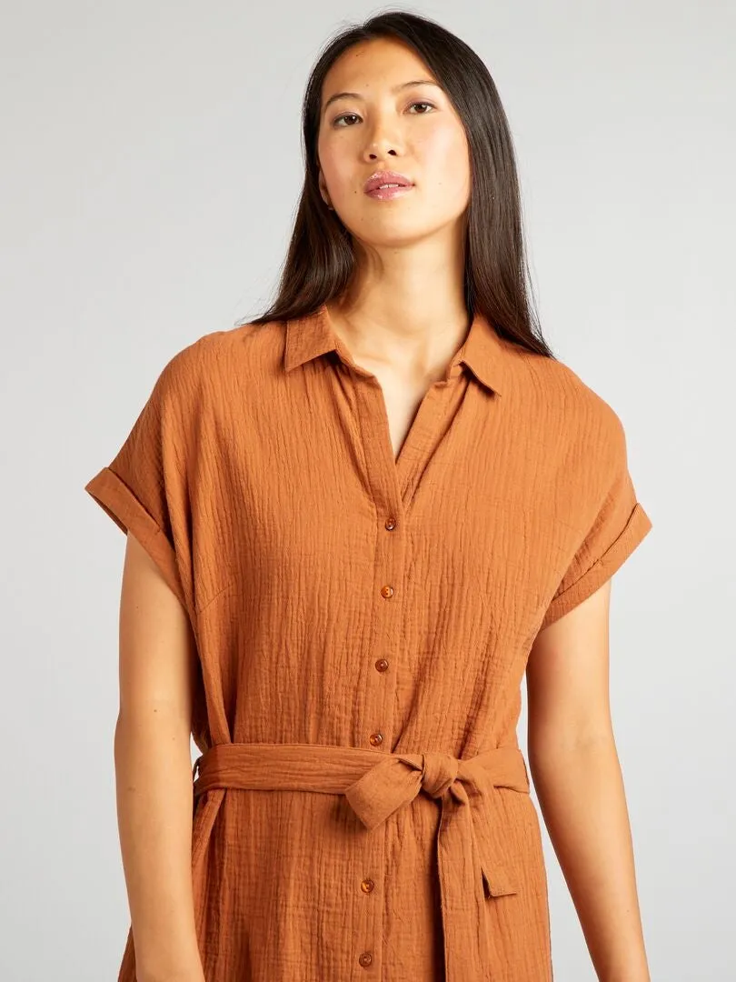 VESTIDO CORTO FORMA CAMISA DE DOBLE GASA DE ALGODóN  MARRON