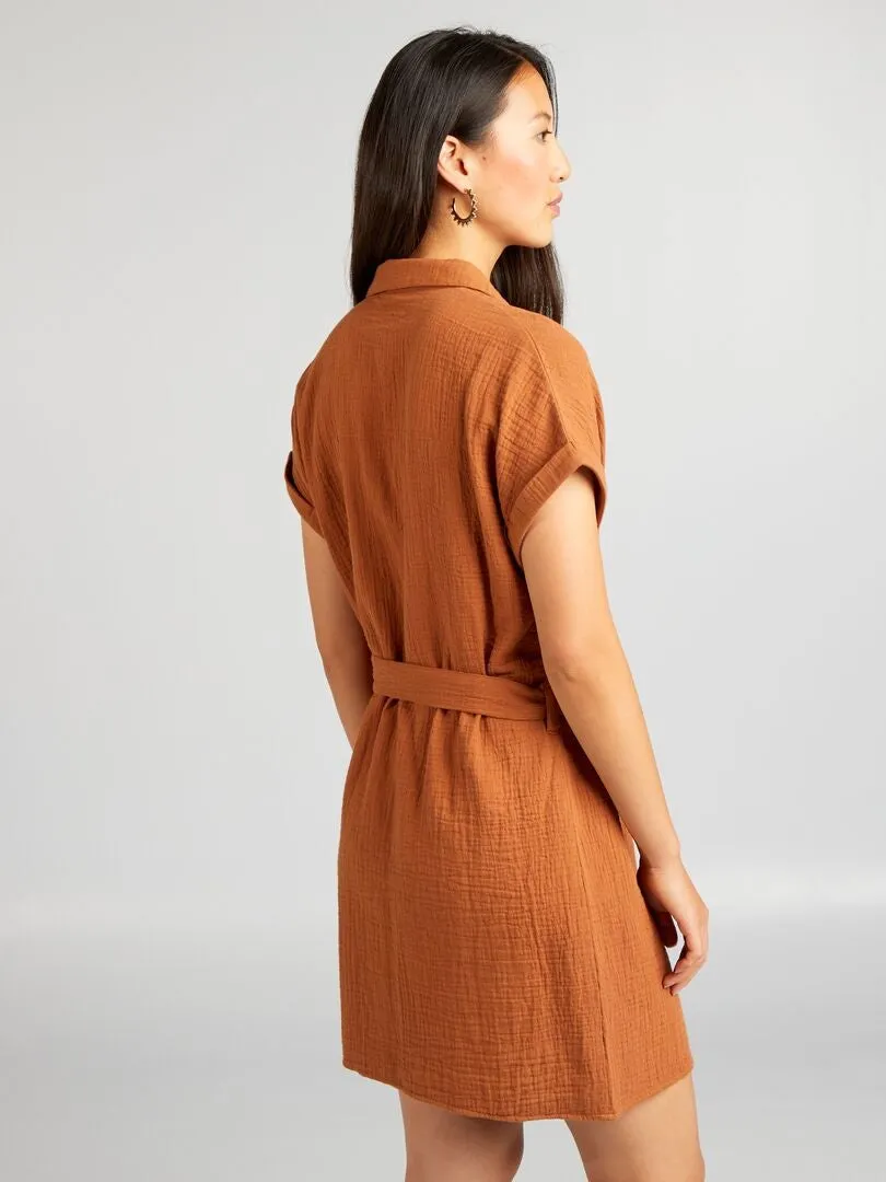VESTIDO CORTO FORMA CAMISA DE DOBLE GASA DE ALGODóN  MARRON