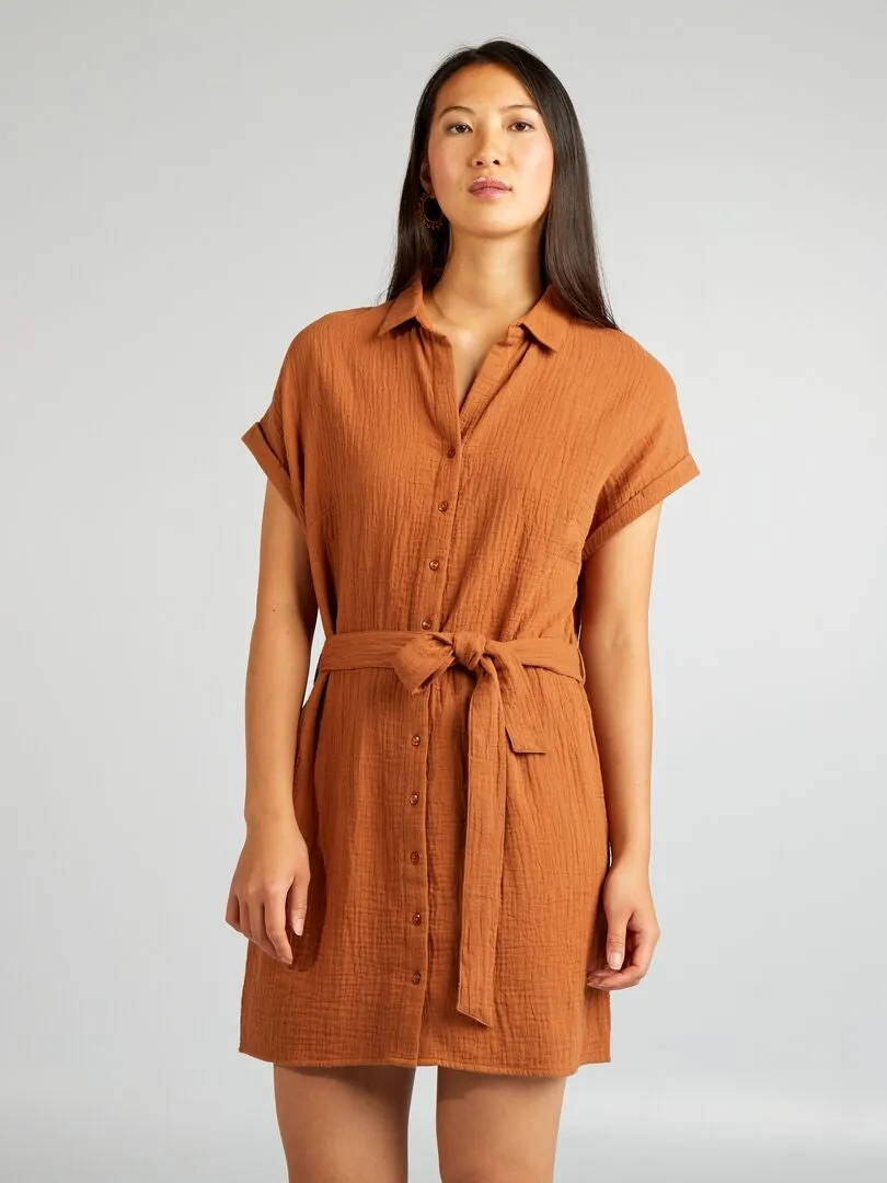 VESTIDO CORTO FORMA CAMISA DE DOBLE GASA DE ALGODóN  MARRON