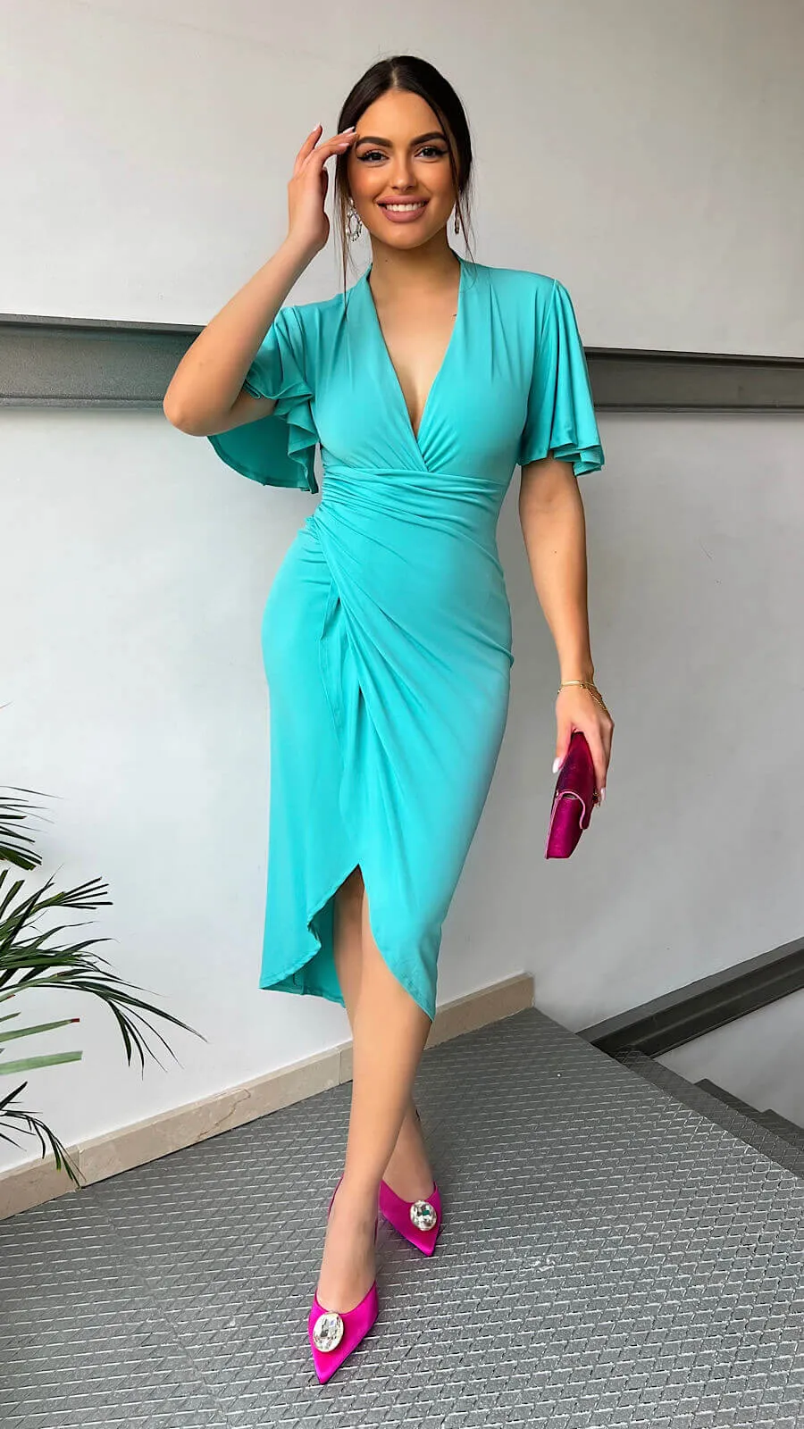 Vestido Turquesa Manga Flare